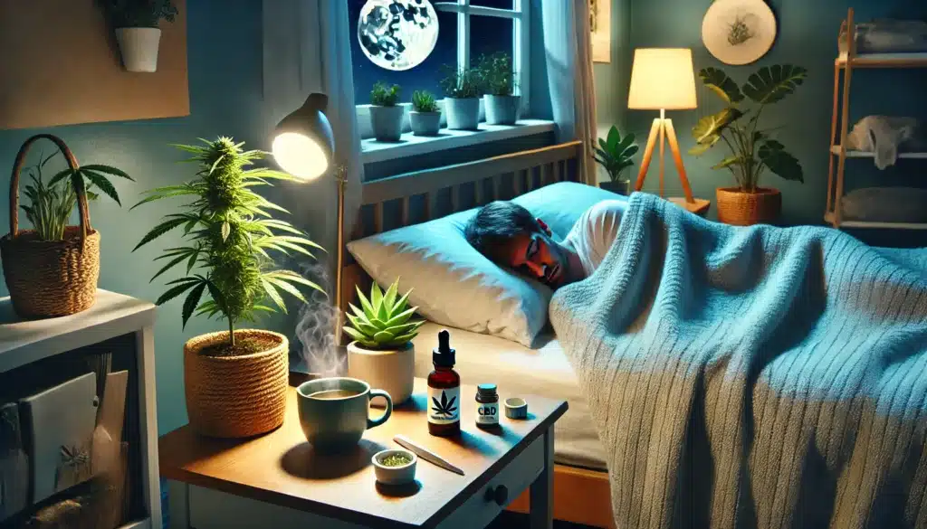 Une personne dort paisiblement dans un lit avec une bouteille d'huile de CBD, une plante de CBD en pot et une tasse de tisane sur la table de chevet, éclairée par la lumière de la lune.

