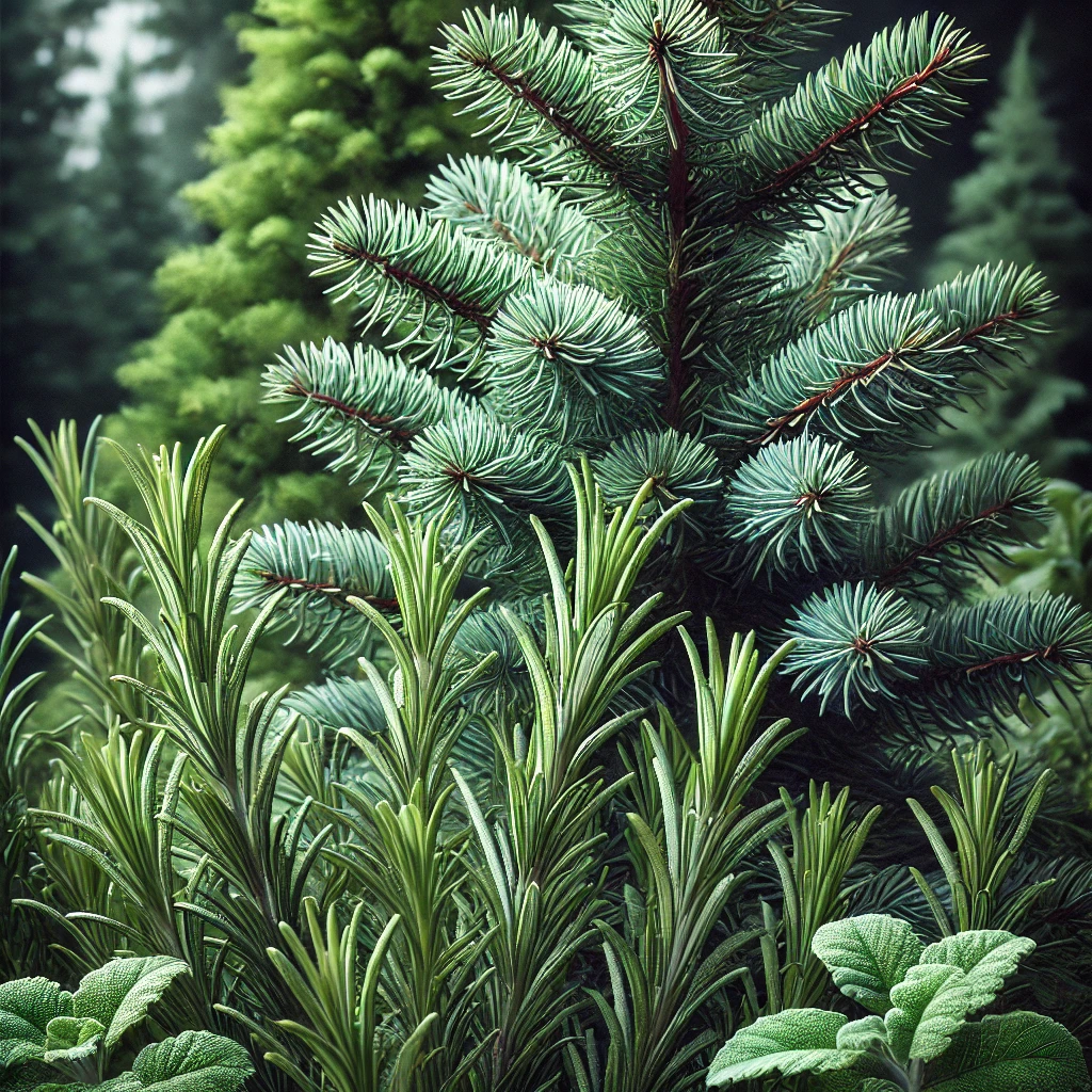 Feuilles de pin et de romarin représentant les sources naturelles de camphène, un terpène aux propriétés aromatiques distinctes.