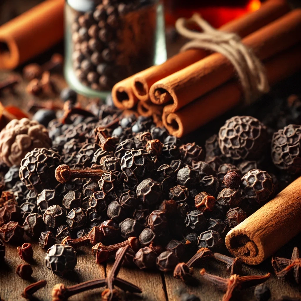 Clous de girofle, poivre noir et bâtons de cannelle, illustrant les sources naturelles de caryophyllène et leurs arômes épicés.