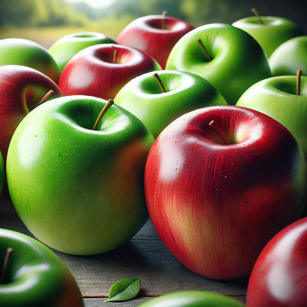 Pommes vertes et rouges fraîches avec une texture croquante et une surface brillante, illustrant les sources naturelles de farnésène et leurs arômes sucrés et fruités.
