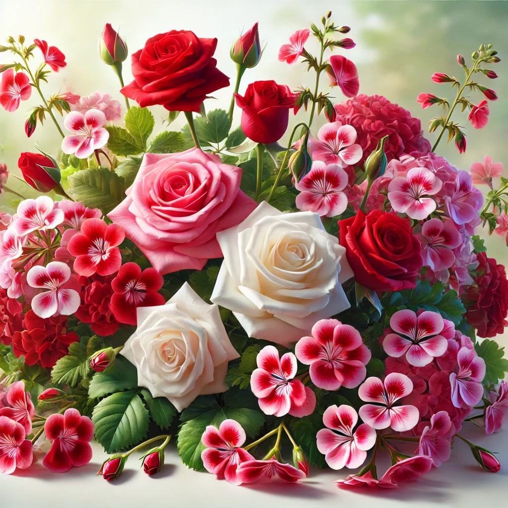 Roses de diverses couleurs et géraniums, illustrant les sources naturelles de géraniol et leurs arômes floraux et doux.