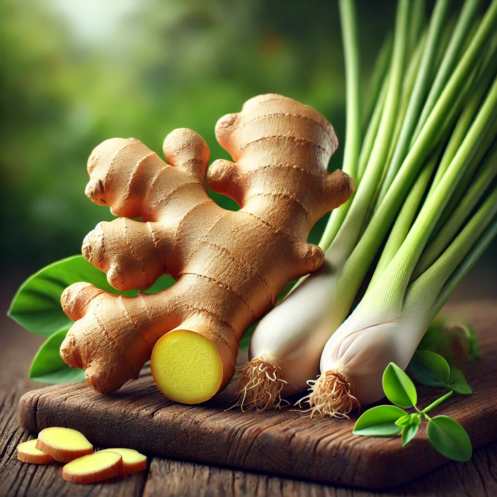 Racines de gingembre et tiges de citronnelle, illustrant les sources naturelles de nérolidol et leurs arômes boisés et floraux.