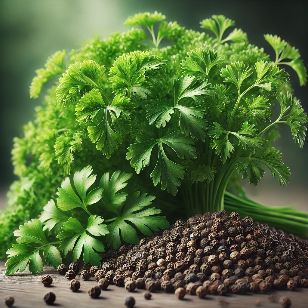 Feuilles de persil frais et grains de poivre noir, illustrant les sources naturelles de phellandrène et leurs arômes mentholés et poivrés.
