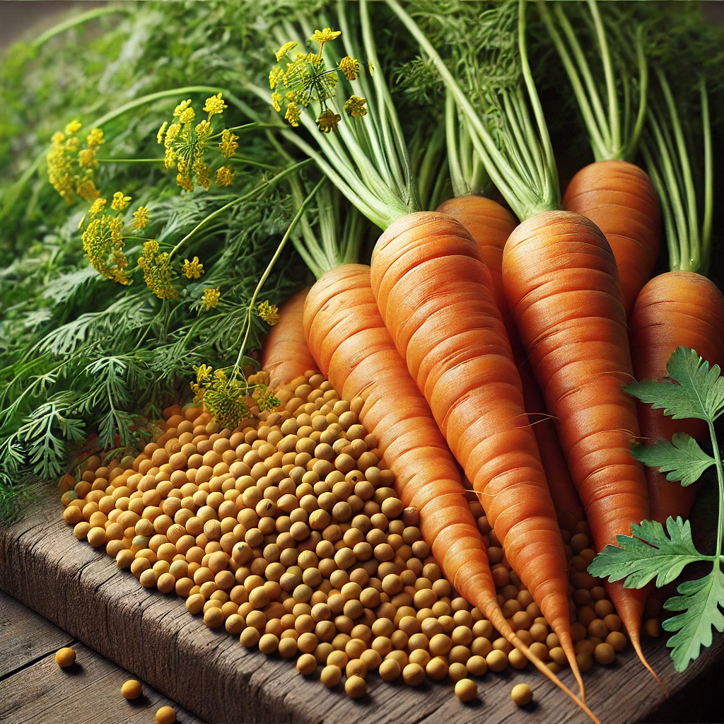 Carottes fraîches avec leurs fanes vertes et graines de moutarde, illustrant les sources naturelles de sabinène et leurs arômes épicés et poivrés.