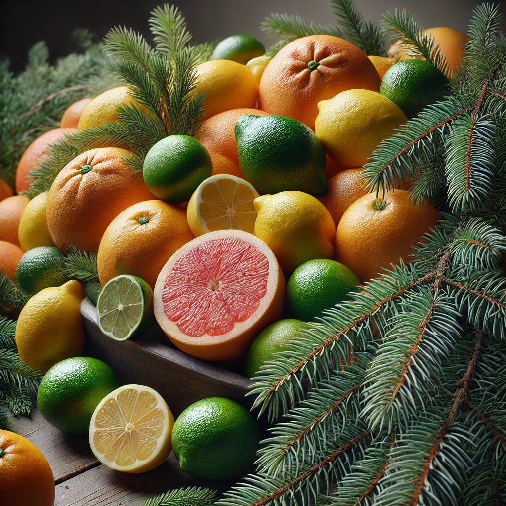 Varieté de fruits d'agrumes et branches de conifères, illustrant les sources naturelles de terpinène et leurs arômes citronnés et frais.