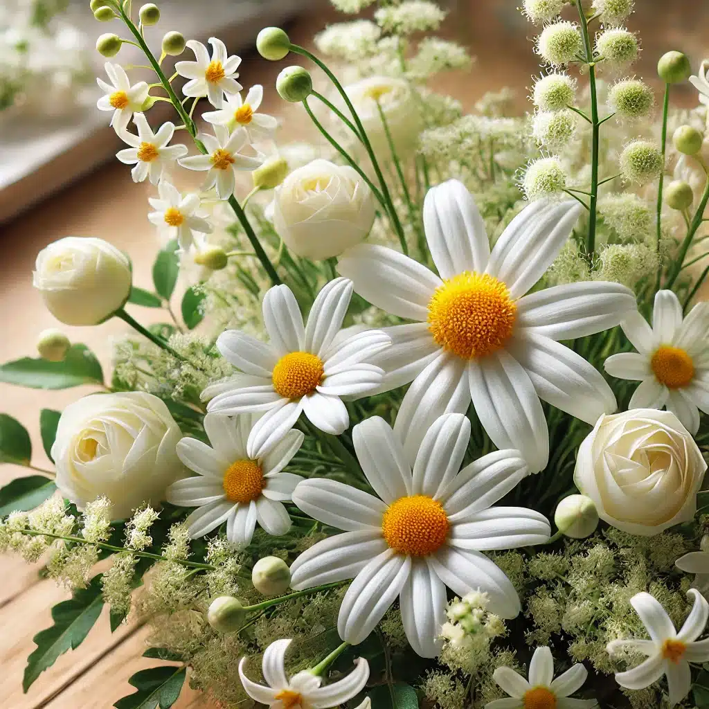 Fleurs de camomille et roses blanches, illustrant les sources naturelles de bisabolol et leurs arômes doux et floraux.