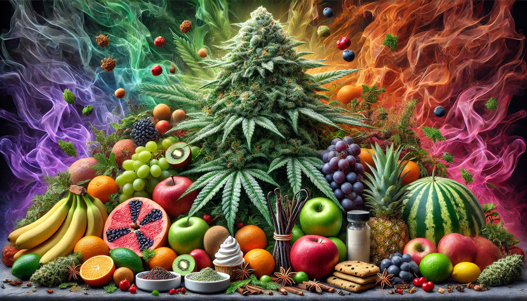 Grande plante de cannabis entourée de fruits variés, d'épices, de pommes de pin et d'herbes aromatiques sous une brume colorée.