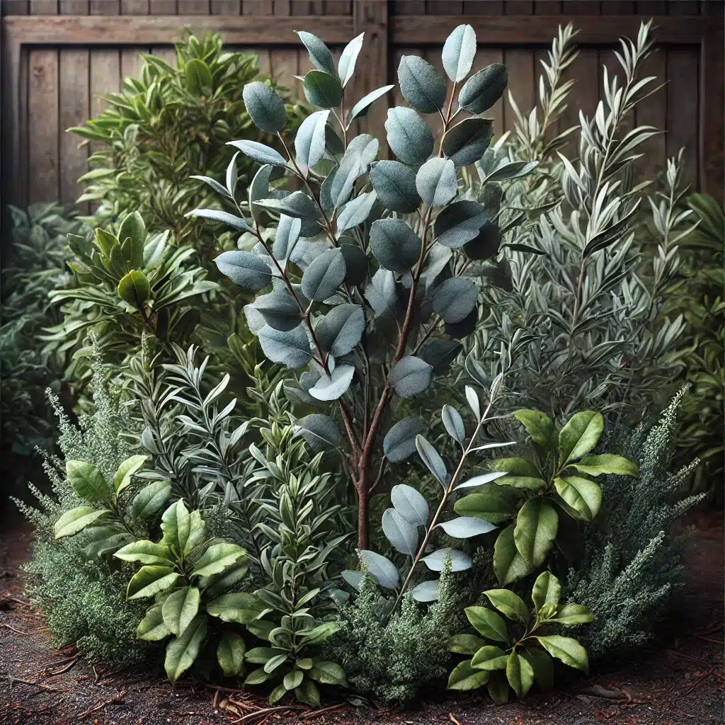 Groupe de plantes aromatiques incluant des feuilles d'eucalyptus, de romarin et de laurier, représentant les sources naturelles d'eucalyptol, un terpène au parfum frais et mentholé.