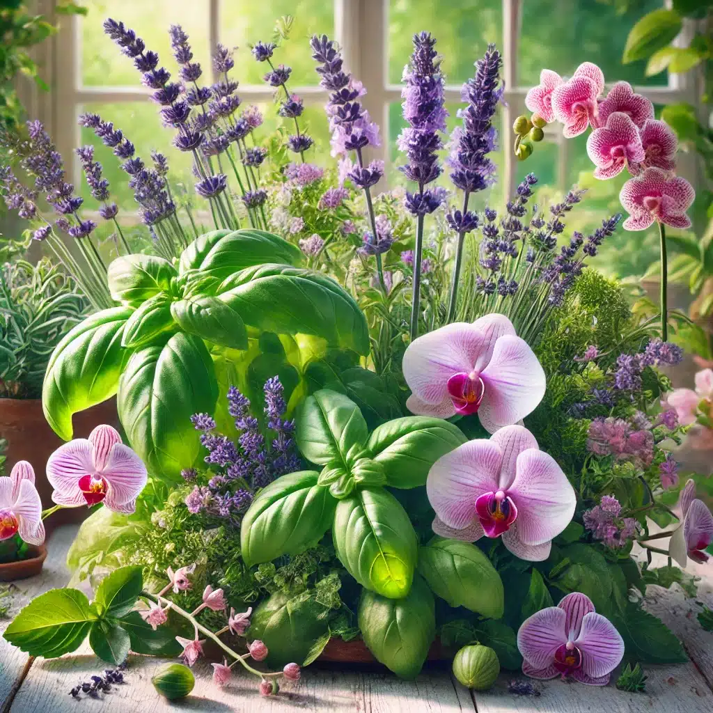 Lavande, basilic et orchidées, illustrant les sources naturelles d'ocimène et leurs arômes floraux et herbacés.