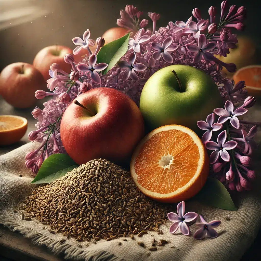 Pommes rouges et vertes, oranges, fleurs de lilas et graines de carvi, illustrant les sources naturelles de terpinolène et leurs arômes frais et floraux.