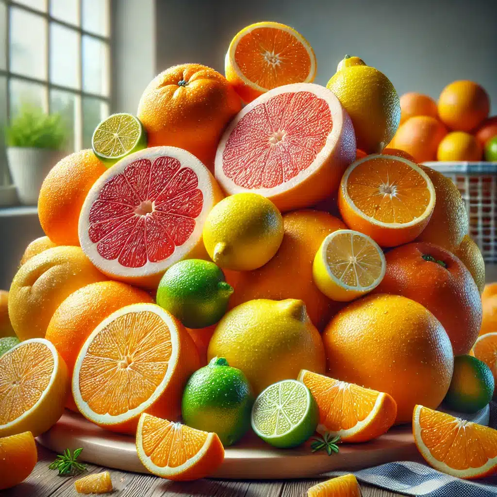 Varieté d'agrumes comprenant des oranges, pamplemousses, citrons et citrons verts, illustrant les sources naturelles de valencène et leurs arômes sucrés et d'agrumes.