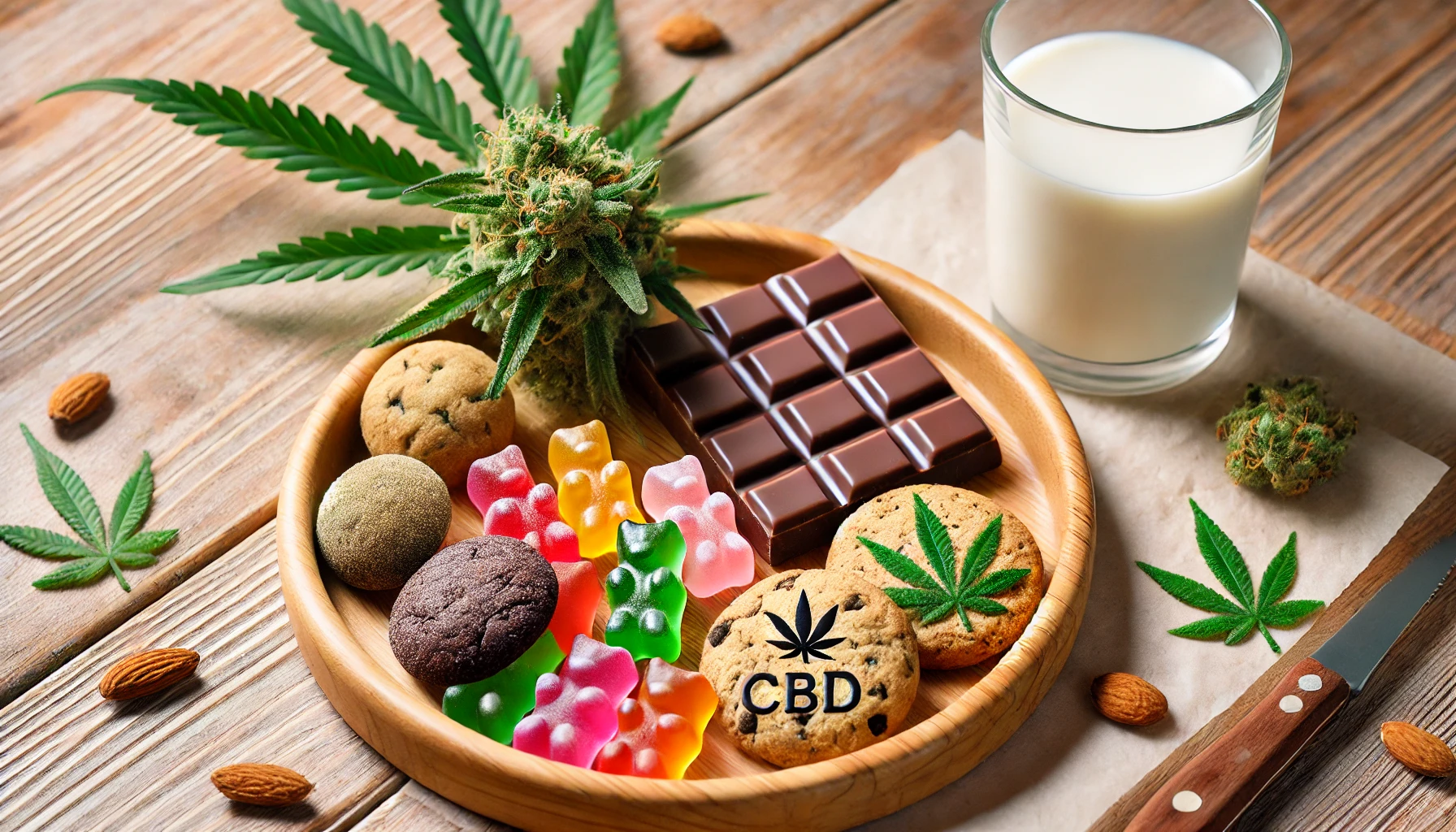Plateau en bois contenant des gummies colorés en forme d’oursons, des biscuits ronds au chanvre et une tablette de chocolat noir marquée d’un logo CBD. Un verre de lait d’amande est posé à côté sur une table en bois clair.