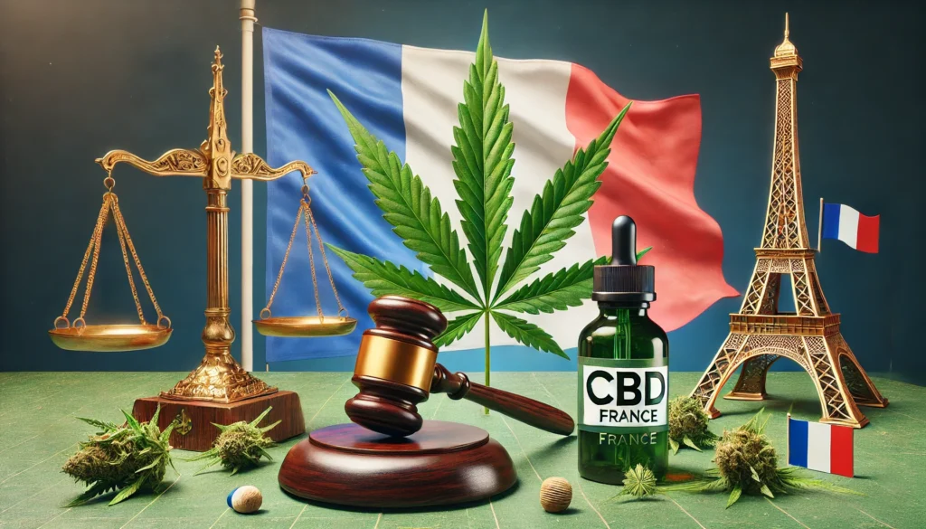 Image large représentant l'équilibre entre la loi en France et le CBD. Sur la gauche, des balances de la justice avec un marteau symbolisent la loi en France, avec en arrière-plan des touches subtiles des couleurs du drapeau français. Sur la droite, une bouteille d'huile de CBD, des feuilles de chanvre et une croix médicale représentent l'utilisation légale du CBD.