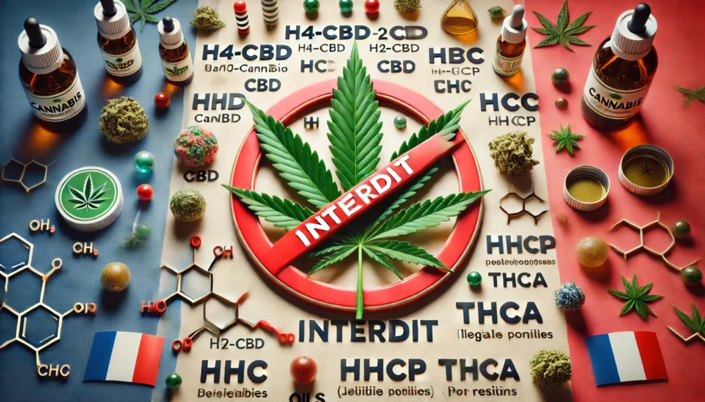 Illustration des cannabinoïdes interdits en France en 2024, incluant des molécules telles que H4-CBD, HHC, THCP, et des produits CBD comme les huiles et les gummies, tous marqués d'un symbole d'interdiction.