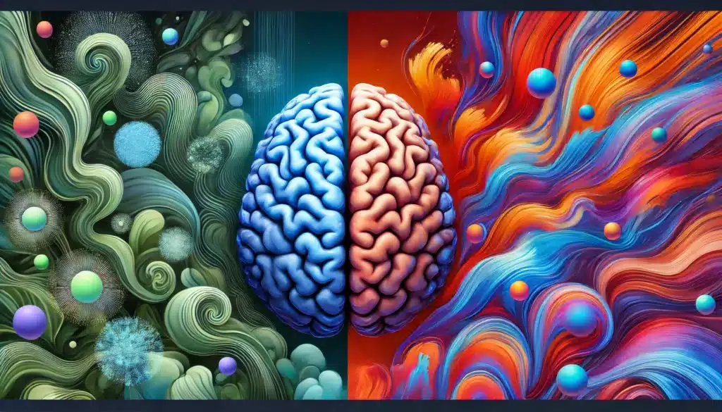Illustration abstraite représentant la différence entre les effets psychotropes et psychoactifs avec des couleurs apaisantes et dynamiques.

