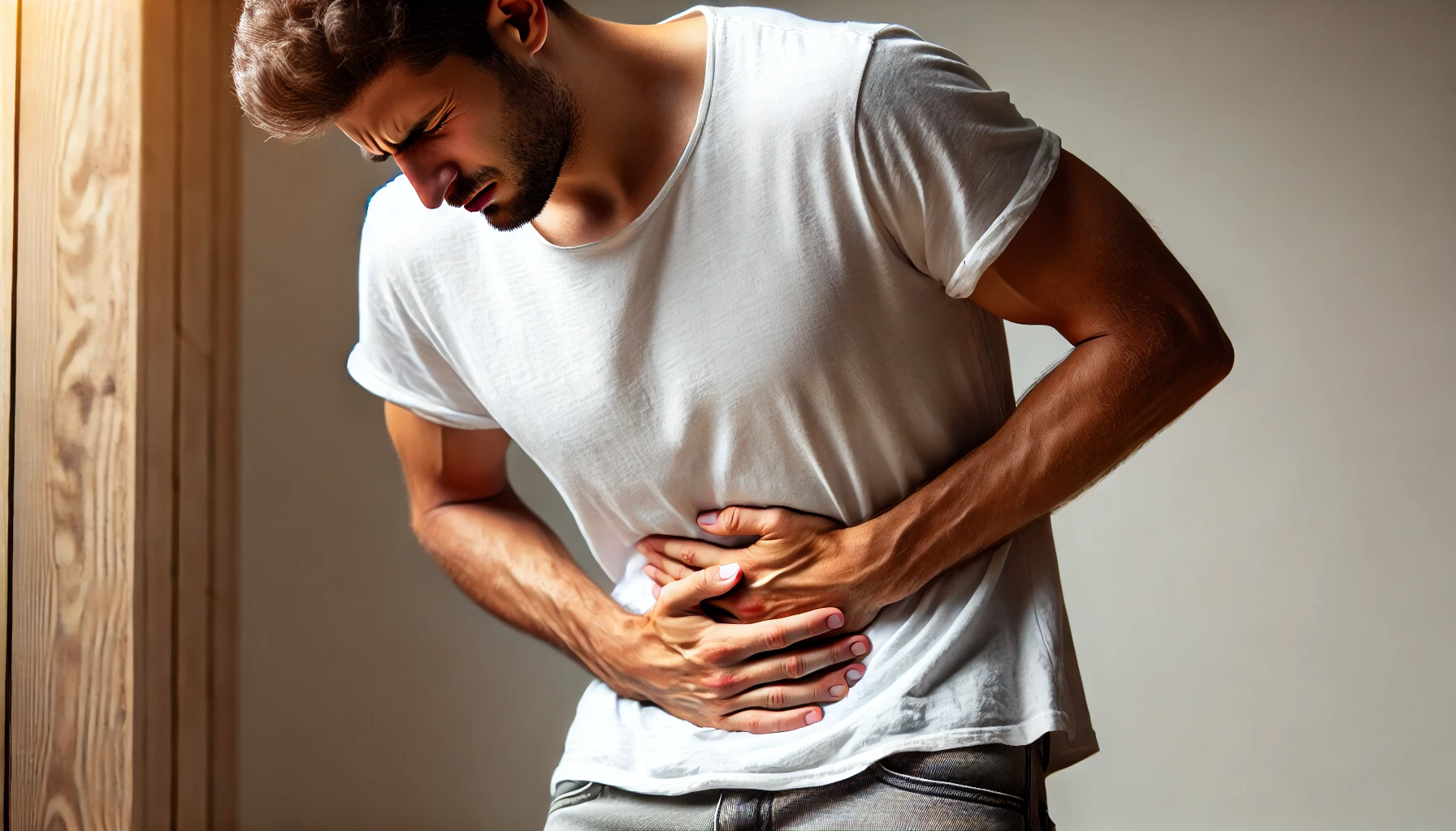 Un homme souffrant de douleurs abdominales, tenant son ventre avec les deux mains et se penchant légèrement en avant.