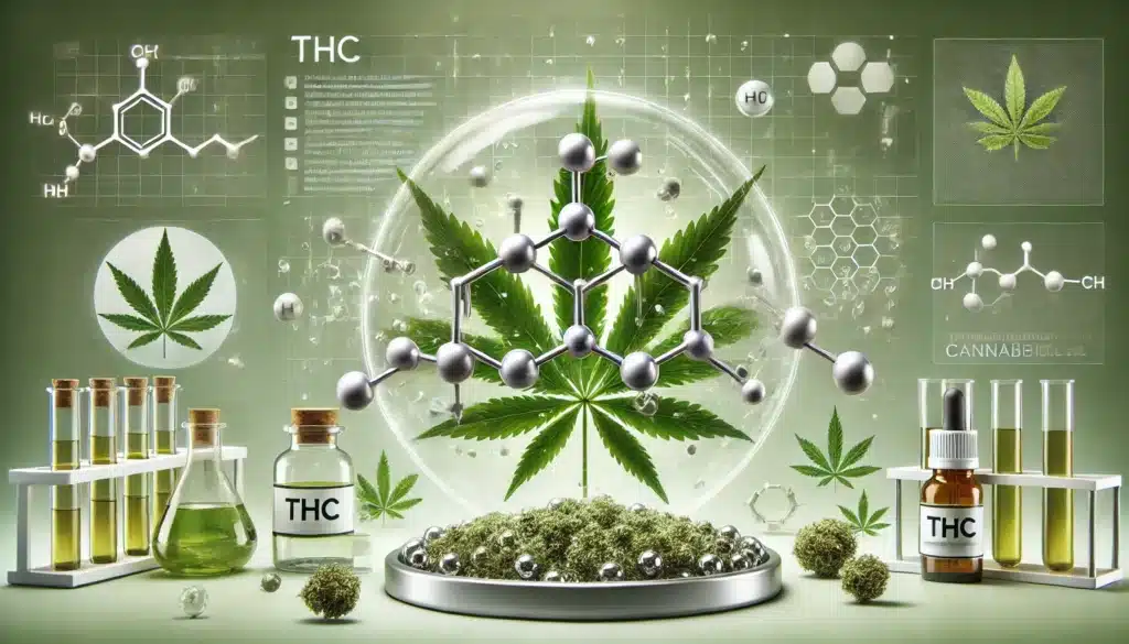 Image scientifique présentant la molécule de THC (tétrahydrocannabinol) avec des feuilles de cannabis en arrière-plan et des éléments médicaux comme des fioles d'huile et des capsules.