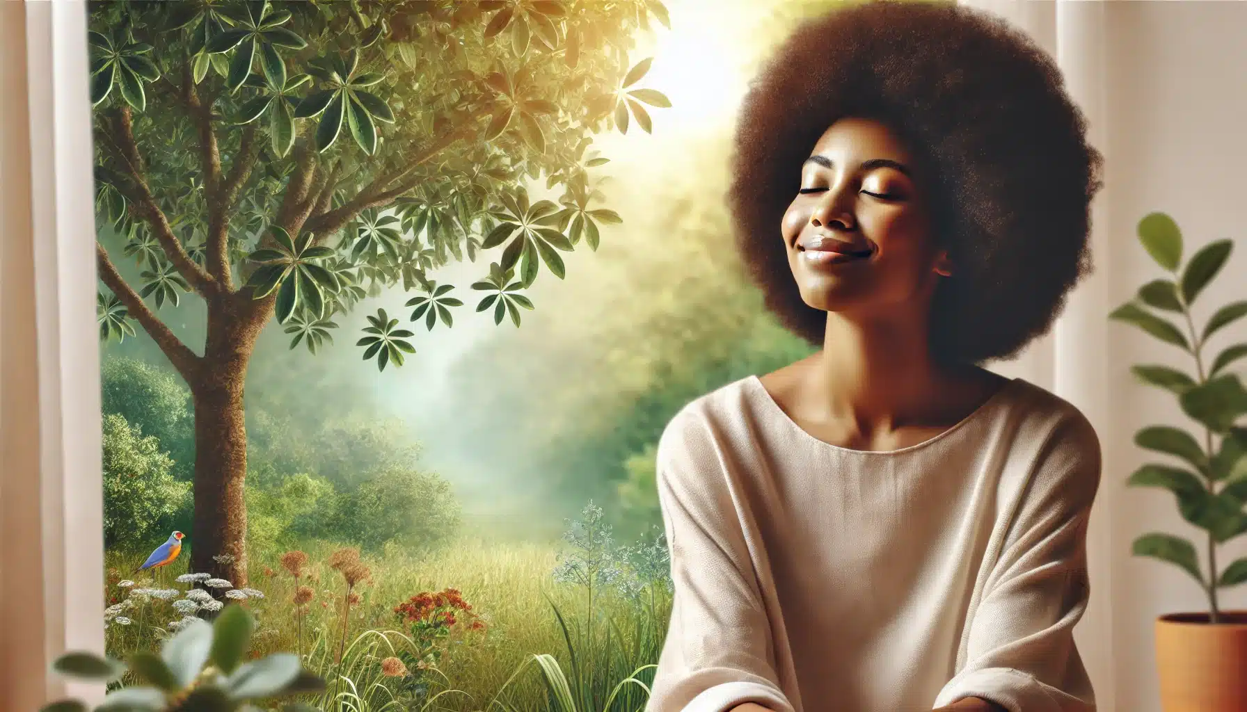 Une femme assise confortablement, détendue, et souriante, symbolisant la liberté de l'anxiété dans un cadre naturel paisible.