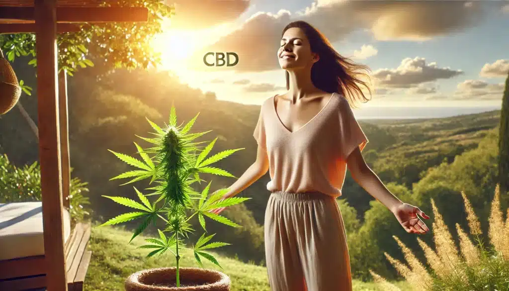 Femme détendue en pleine nature, symbole de soulagement de la douleur, avec une plante de CBD à ses côtés dans un cadre naturel et ensoleillé.