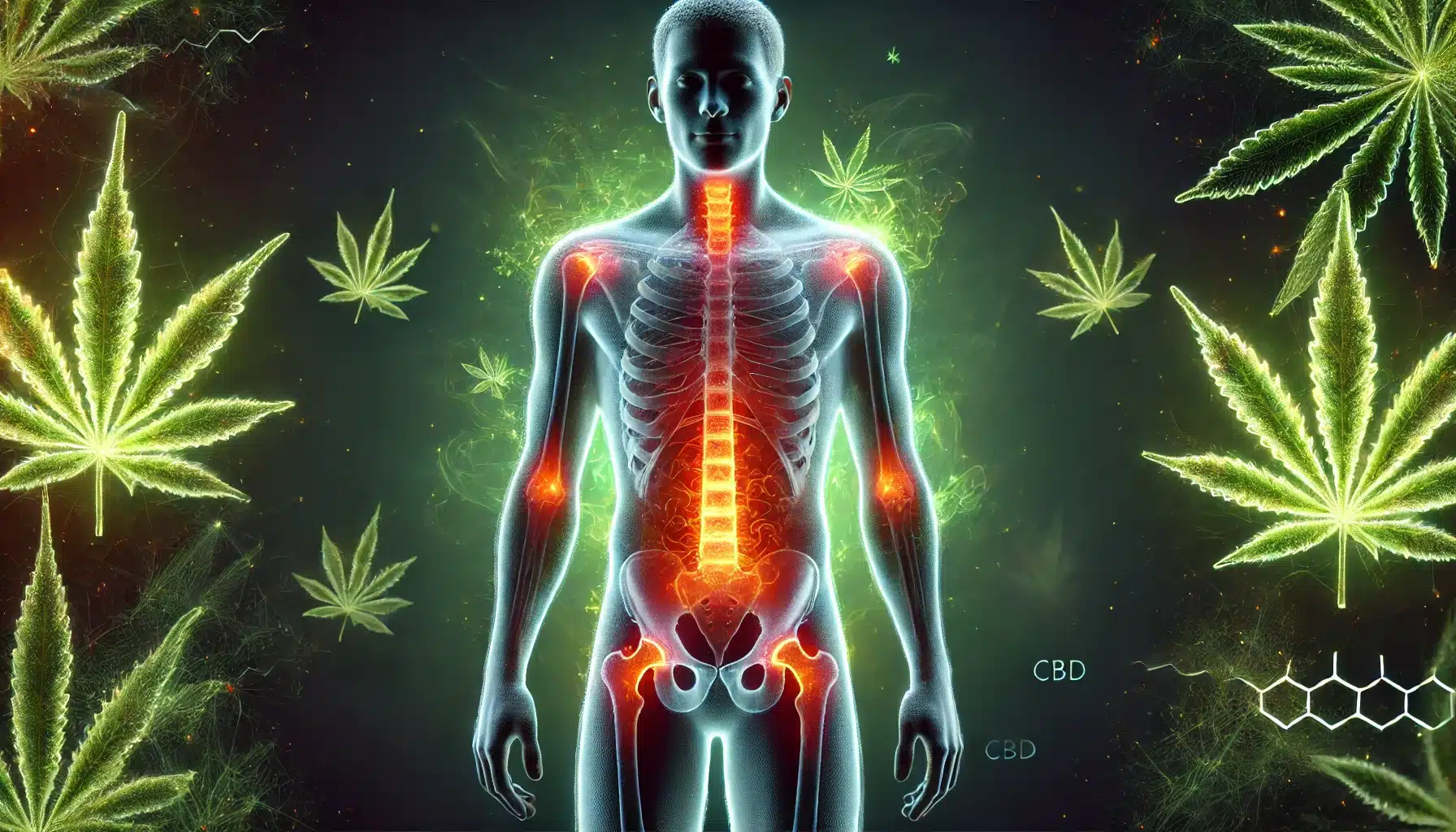 Silhouette humaine semi-transparente avec zones d'inflammation en rouge et orange apaisées par des halos verts et des feuilles de cannabis flottantes.