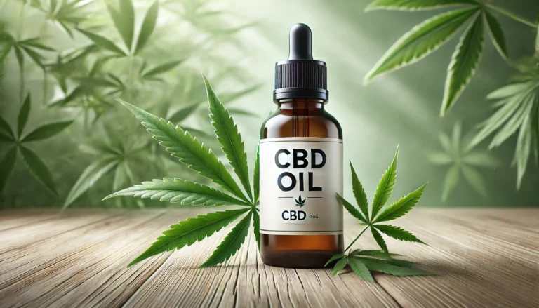 ne bouteille d'huile de CBD posée sur une surface en bois naturel, entourée de feuilles de chanvre vertes et fraîches, avec un fond dégradé apaisant.