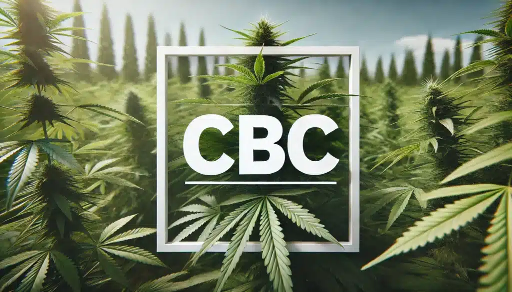 Découvrez les bienfaits du Cannabichromène (CBC) : un cannabinoïde prometteur pour votre bien-être. Une large image sans cadre d'une plante de cannabis avec le texte "CBC" intégré en caractères gras et modernes, dans un décor naturel et lumineux.