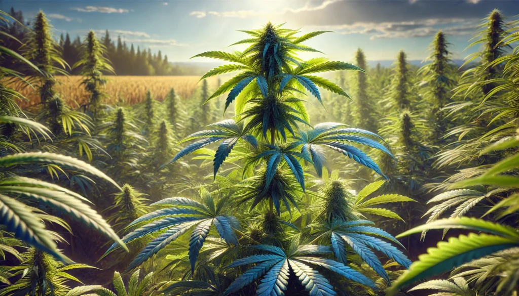 Image d'une plante de chanvre (Cannabis sativa) dans un environnement naturel en plein air, avec des feuilles luxuriantes et un fond éclairé par la lumière du soleil.
