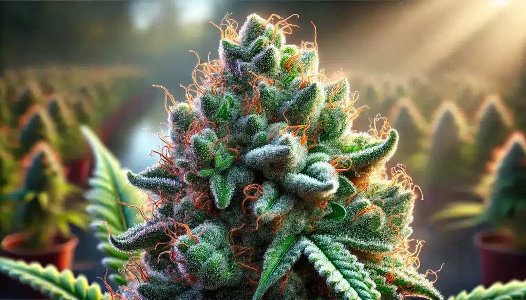 Gros plan ultra-réaliste d'une fleur de cannabis Amnesia en pleine floraison, avec des trichomes cristallins, des pistils orange courbés, et des calices verts aux nuances violettes.