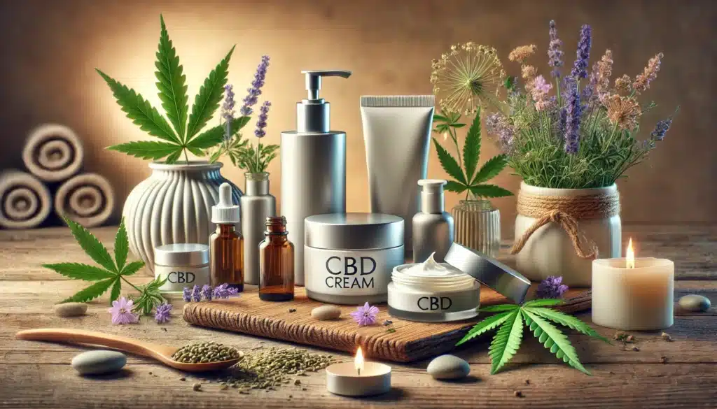 Présentation luxueuse de produits CBD dans des emballages modernes, entourés de bougies, feuilles de chanvre et éléments naturels.