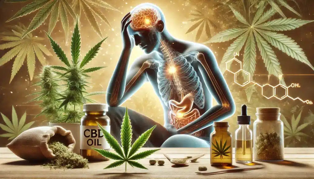 Illustration montrant des feuilles de chanvre, un flacon de CBD et une personne avec des zones lumineuses sur la tête, le ventre et la bouche, représentant les effets secondaires possibles.