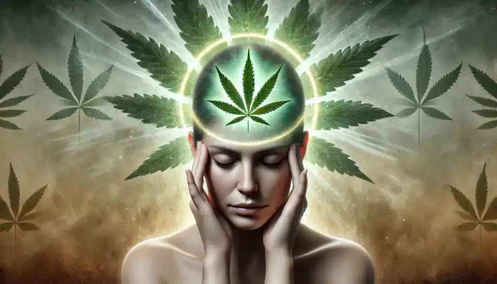 Personne exprimant de l'inconfort en tenant ses tempes, entourée d'un halo lumineux vert composé de feuilles de cannabis symbolisant les effets apaisants du CBD.