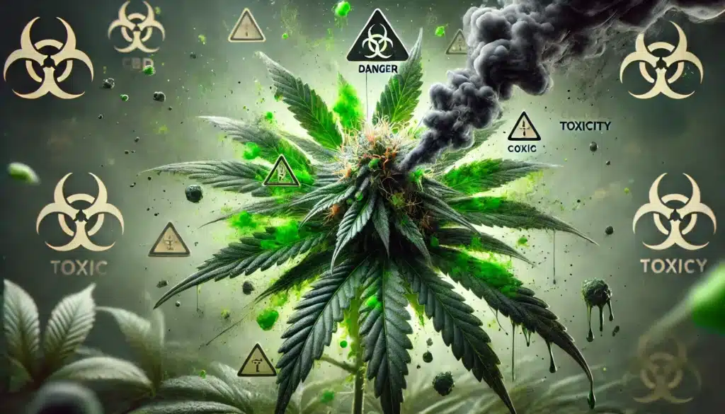 Gros plan large sur une fleur de CBD altérée, avec des éclaboussures vertes fluorescentes, des traces de liquide toxique et une fumée sombre aux reflets verts s’échappant, dans une ambiance inquiétante. Des symboles de danger sont discrètement visibles sur la tige et les feuilles.