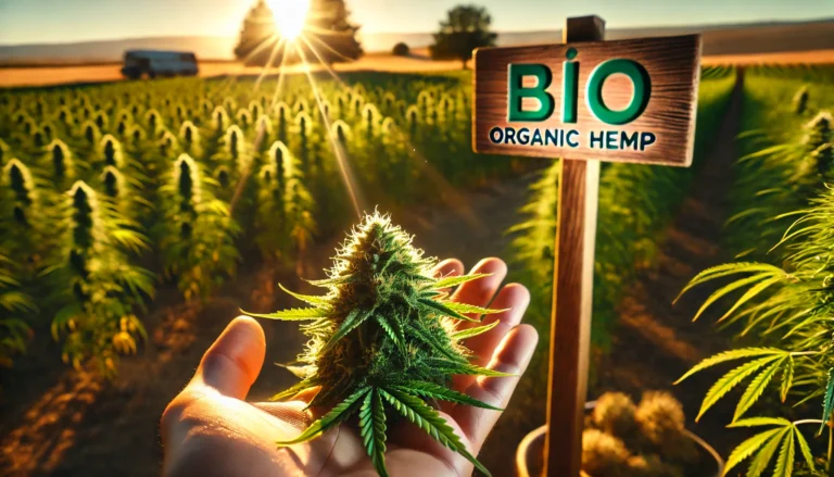 Main tenant une fleur de chanvre CBD couverte de trichomes, avec un champ de chanvre bio en arrière-plan et un panneau en bois marqué "BIO".