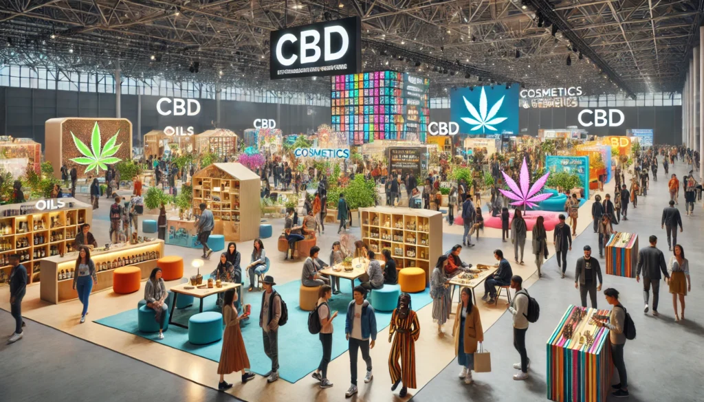 Un grand hall d'exposition moderne et lumineux avec des stands colorés présentant des produits à base de CBD. Des visiteurs interagissent avec les exposants et testent des échantillons, tandis qu'un conférencier parle sur une scène en arrière-plan.
