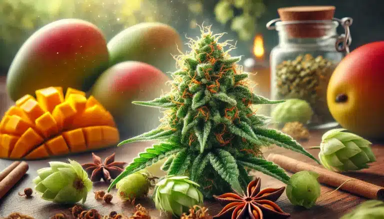 Gros plan ultra-détaillé sur une fleur de cannabis CBD aux teintes vertes et orangées, recouverte de trichomes brillants et résineux, avec en arrière-plan flouté des mangues mûres, des cônes de houblon, des tiges de citronnelle et des branches de thym, le tout dans une ambiance douce avec une légère brume et une lumière chaude.