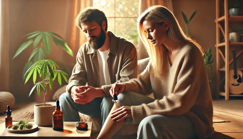 Un homme et une femme atteints de sclérose en plaques, assis dans un salon cosy avec des tons naturels. Ils utilisent de l'huile de CBD, l’un appliquant une crème sur sa peau et l’autre prenant des gouttes sous la langue. Une bouteille de CBD est posée sur une table proche.