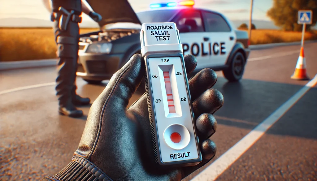 Gros plan sur un appareil de test salivaire tenu par un policier en gant, avec un véhicule en arrière-plan légèrement flou.