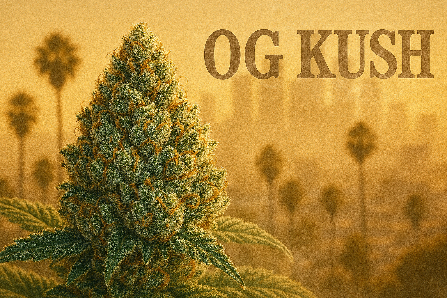 Close-up d’un bourgeon OG Kush couvert de trichomes scintillants, éclairé par une lumière dorée au coucher du soleil, avec en arrière-plan une skyline floue de Los Angeles et des palmiers. En haut à droite, le texte "OG KUSH" apparaît dans un style old school avec un effet fumé.

