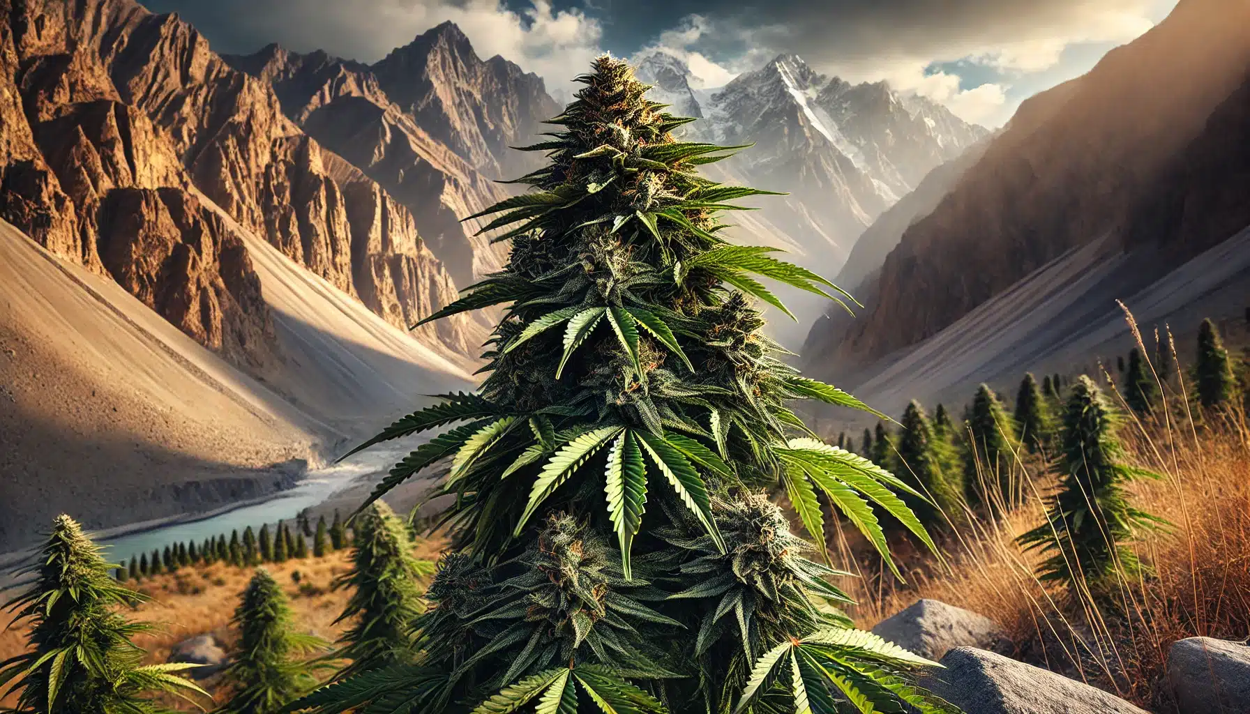 Plante de cannabis Afghani en pleine floraison, avec des feuilles larges et sombres, ainsi que des buds denses recouverts de résine, sur un fond montagneux aride rappelant l’Hindu Kush.