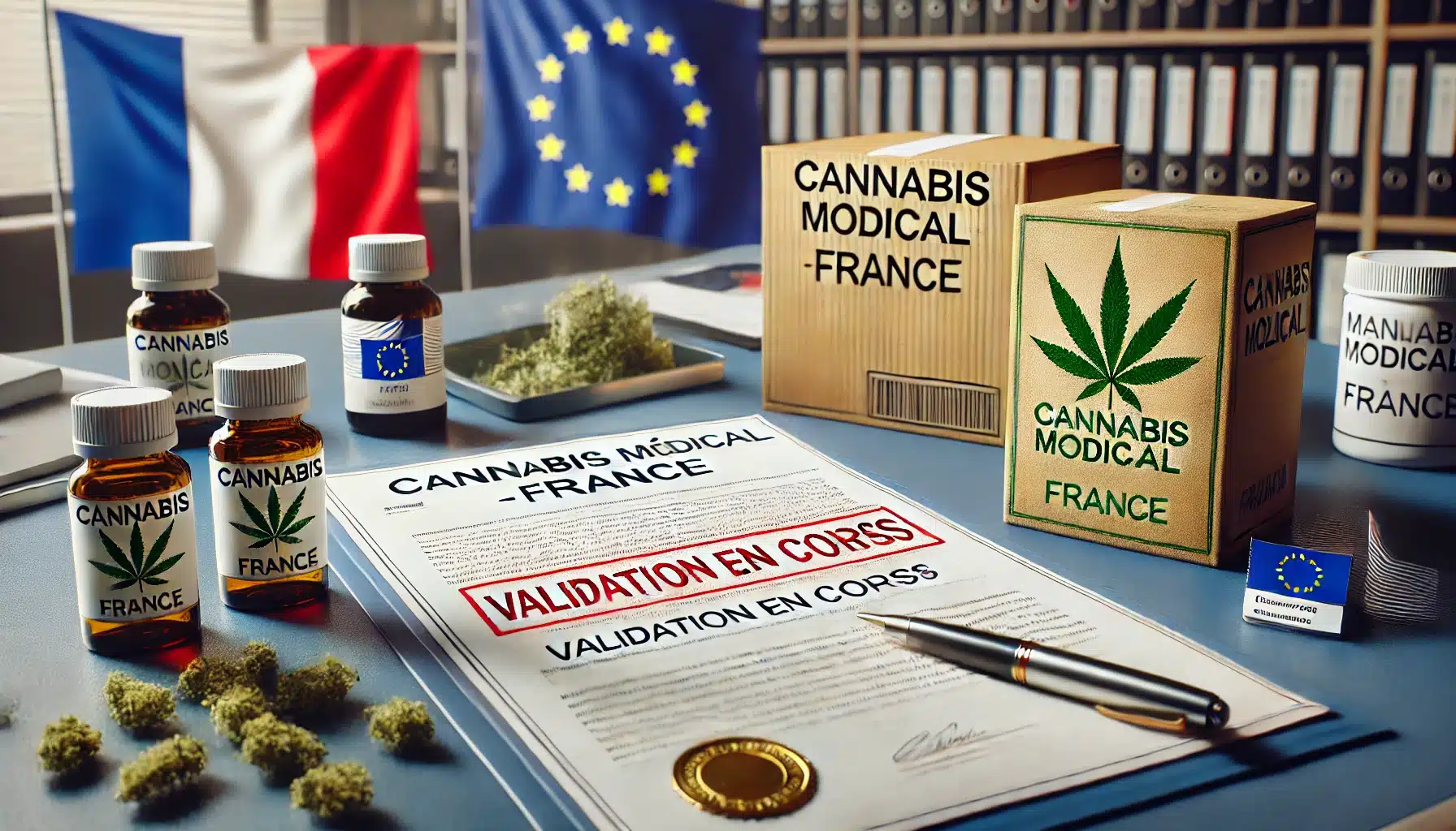 Document officiel intitulé "Cannabis Médical - France" avec un tampon rouge "Validation en cours", posé sur un bureau professionnel. À côté, une boîte de médicaments à base de cannabis médical et un flacon d'huile de CBD sont visibles. En arrière-plan, les drapeaux français et européen sont légèrement floutés.