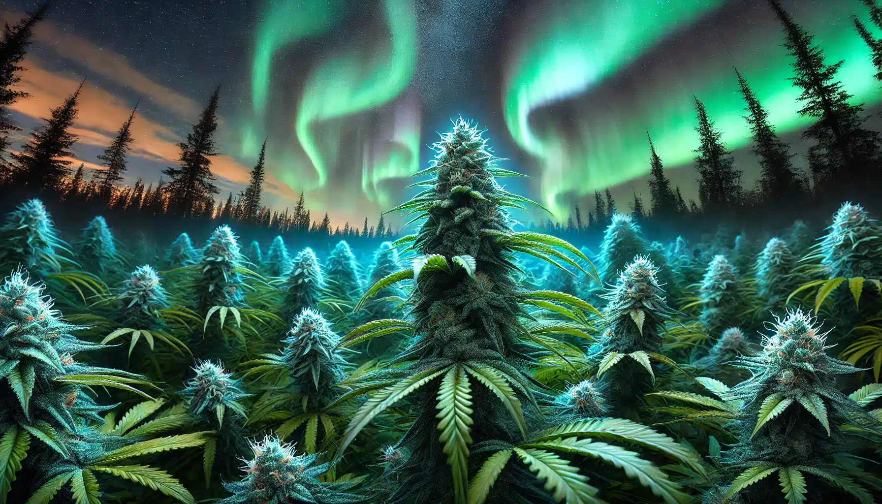 Un champ luxuriant de cannabis sous un ciel nocturne illuminé par des aurores boréales vertes et bleues. Les plantes sont hautes et denses, avec des bourgeons résineux scintillants et des reflets verts et violets.