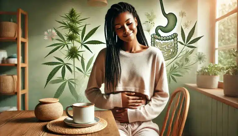 Personne assise à une table, souriante, tenant son ventre avec douceur, devant une tasse de thé CBD dans une ambiance naturelle et apaisante.