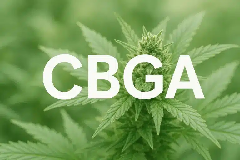 Photographie numérique mettant en avant une fleur de cannabis avec l'inscription "CBGA" en lettres majuscules blanches au centre.