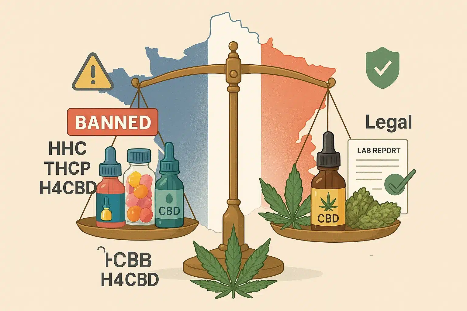Balance de justice sur une feuille de chanvre illustrant les produits CBD légaux et illégaux en France
