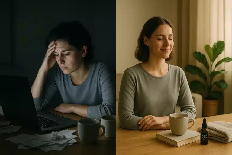 Scène divisée représentant une jeune femme avant et après l’utilisation de CBD : à gauche, stress au travail ; à droite, calme et apaisement avec une tasse de thé et un flacon de CBD.