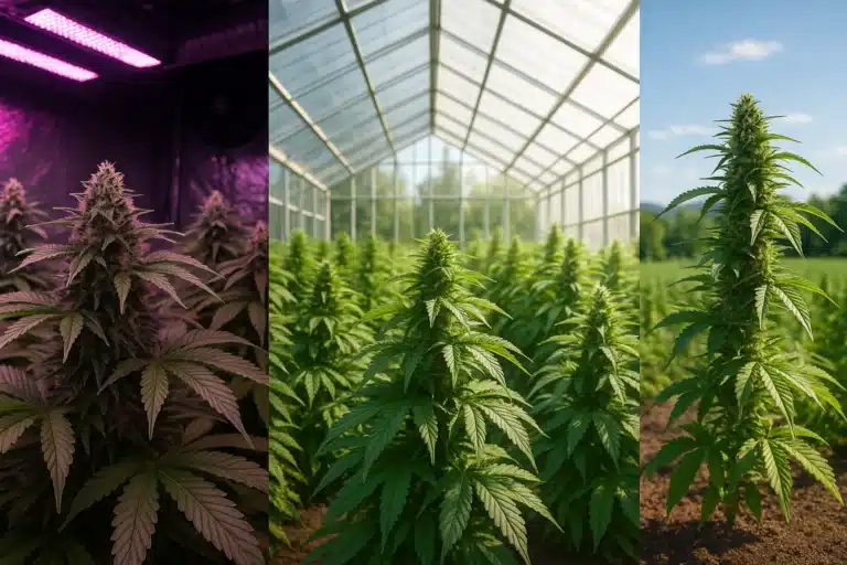 Triptyque montrant trois méthodes de culture de fleurs de CBD : en intérieur sous LED, en serre, et en extérieur.