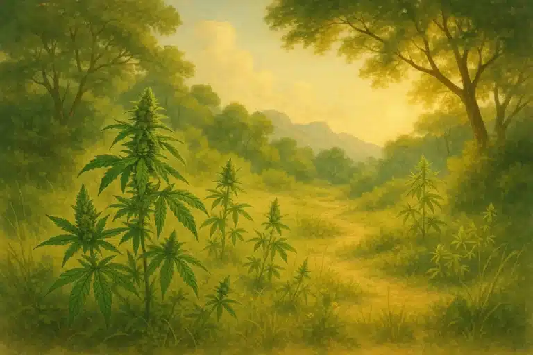 Plantes de cannabis poussant naturellement dans une clairière forestière au pied de montagnes ensoleillées