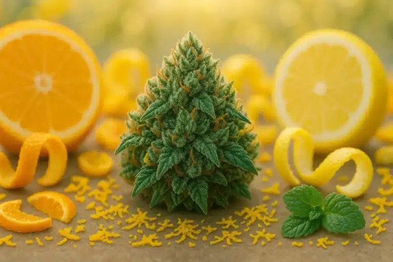 Fleur de CBD fraîche entourée de zestes d’orange et de citron en spirale, râpés et en quartiers, avec des feuilles de menthe.