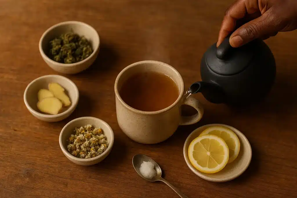 Vue flatlay d’une tasse en céramique contenant une infusion de CBD fumante, entourée de fleurs de chanvre séchées, de camomille, de tranches de citron, de morceaux de gingembre frais et d’une cuillère d’huile de coco. Une main verse de l’eau chaude depuis une théière noire dans la tasse, sur une table en bois rustique baignée de lumière naturelle.
