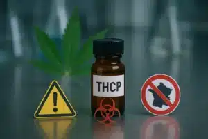 Flacon de THCP sur une paillasse de laboratoire avec symboles d'avertissement